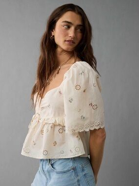 American Eagle Flutter Sleeve Eyelet Floral Babydoll Peplum Top SIZE XXL